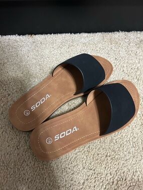 SODA Black and Tan Slide Sandals